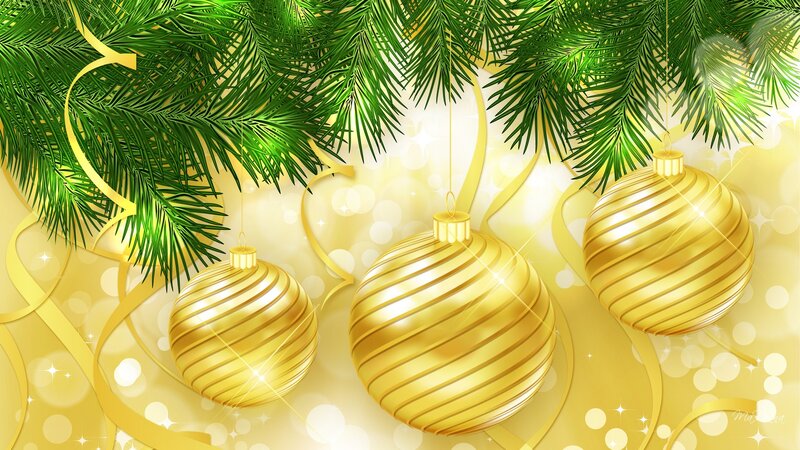 Golden Ornaments on Pine — Gold, Festive