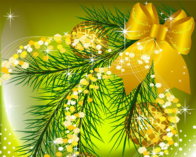 Golden Ornaments on Pine — Green, Festive