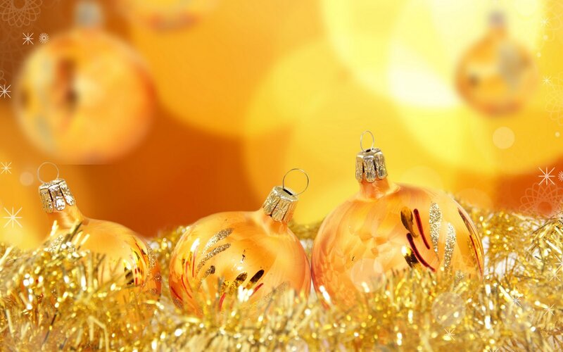 Golden Ornaments on Tinsel