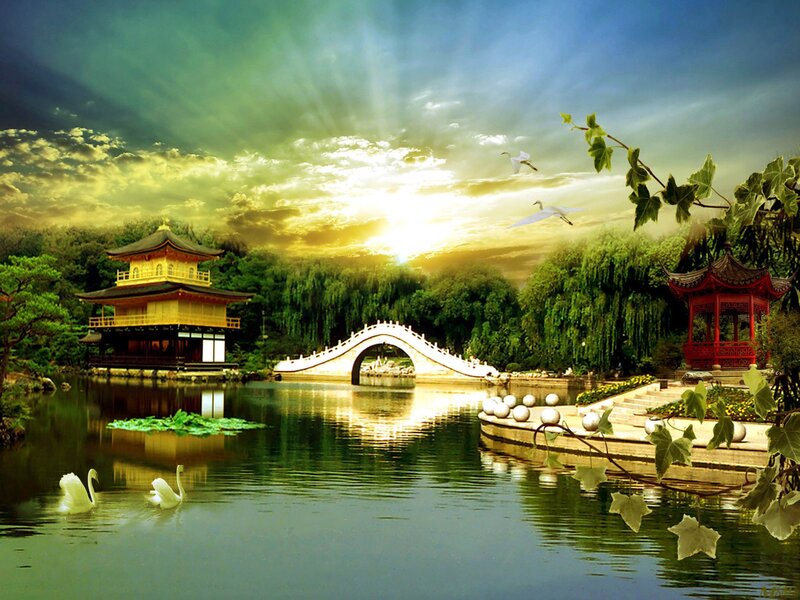 Golden Pagoda by Lake — Green