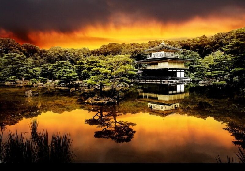 Golden Pavilion Temple — Gold, Dramatic, Sunset, Photograph, Pond
