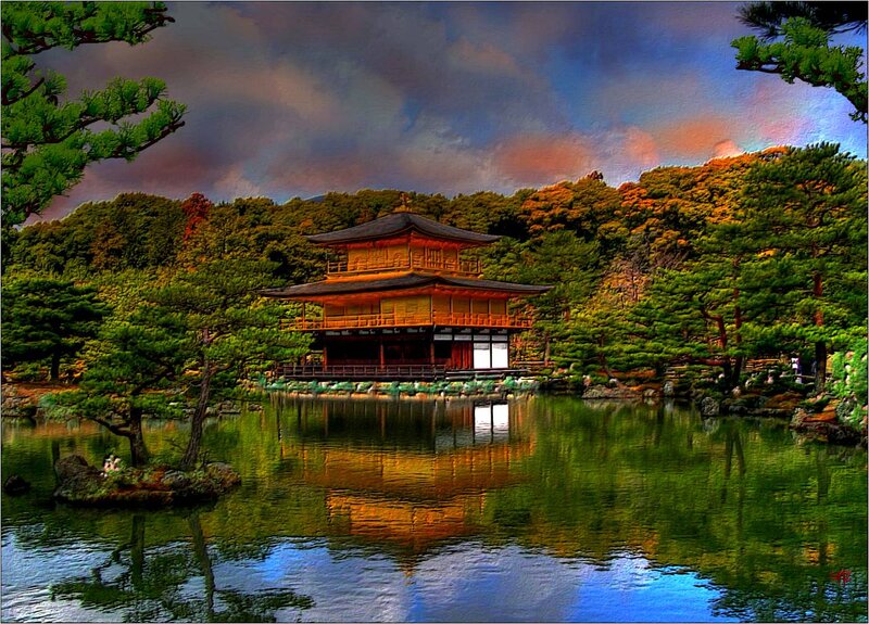 Golden Pavilion Temple — Gold, Dramatic, Sunset