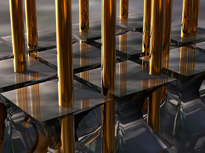 Golden pillars on reflective surface