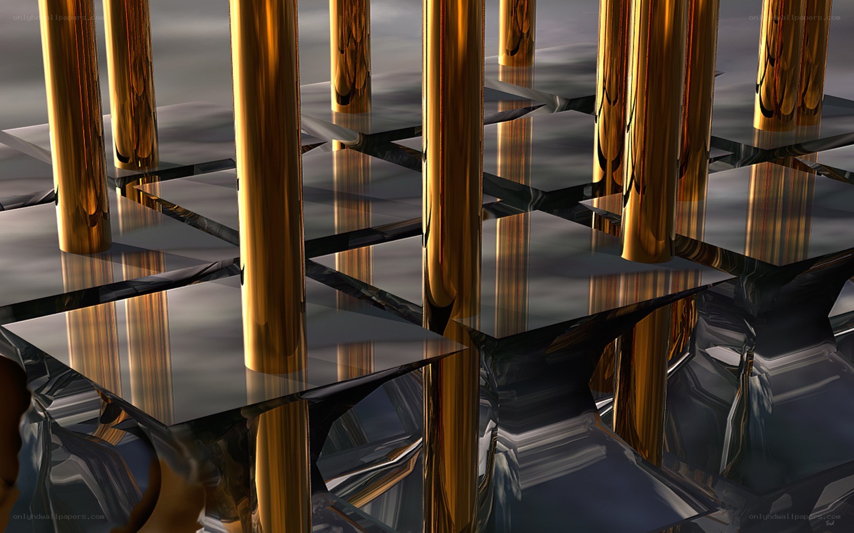 Golden pillars on reflective surface
