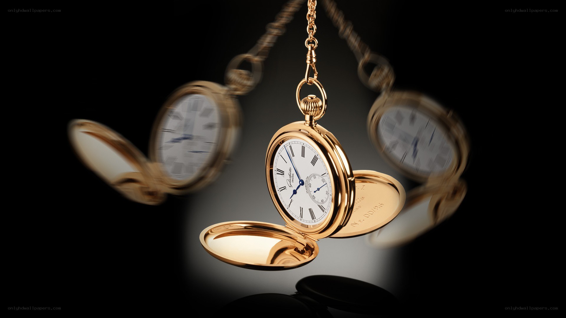 Golden pocket watch in motion