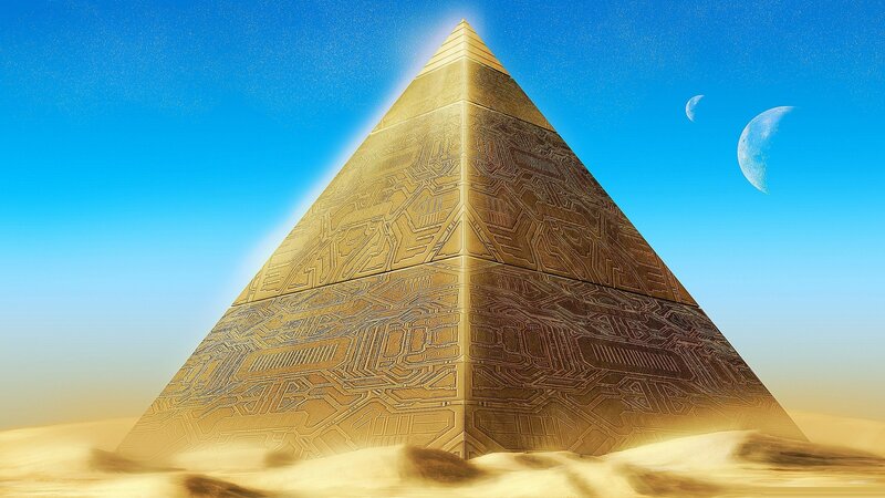 Golden Pyramid in Desert — Blue, Dramatic