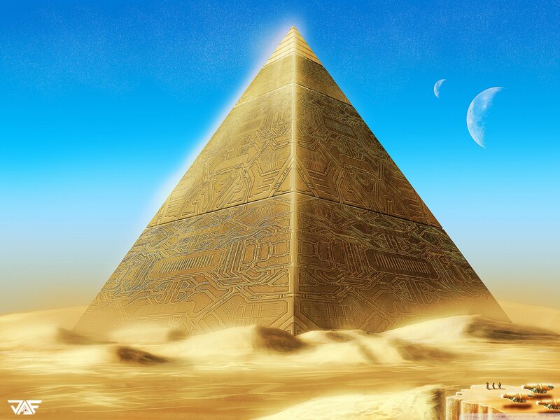 Golden Pyramid in Desert — Blue