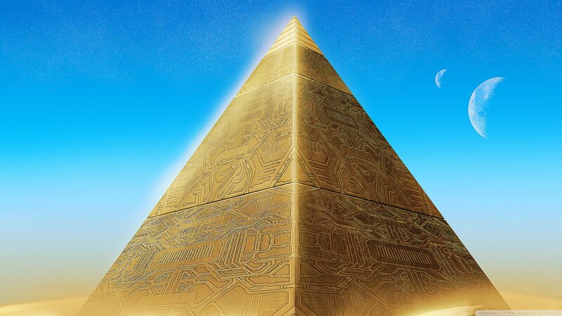 Golden Pyramid with Circuit Patterns — Blue