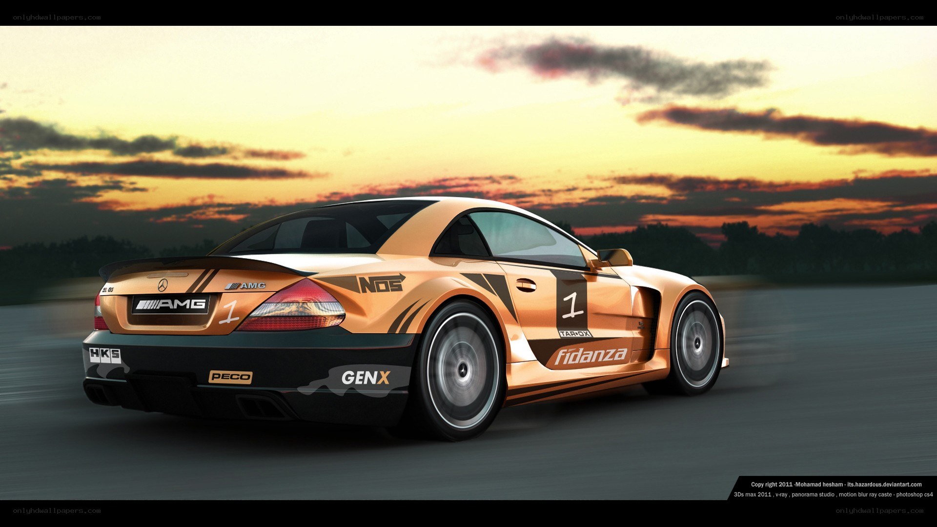 golden race car at sunset