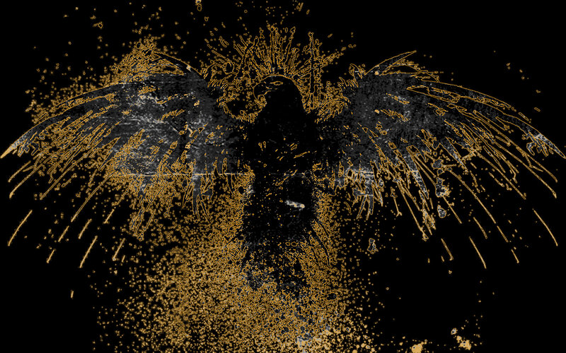 Golden raven with outstretched wings