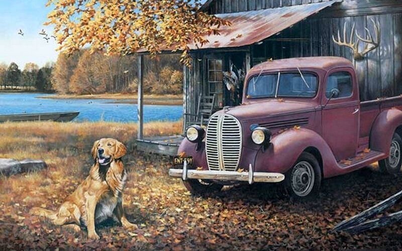 Golden Retriever by Old Truck