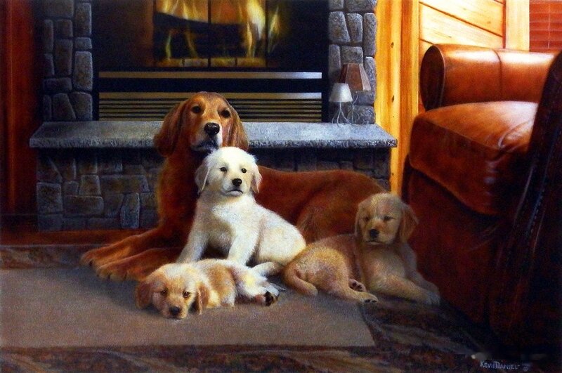 Golden Retriever Puppies — Brown, Cozy, Painting