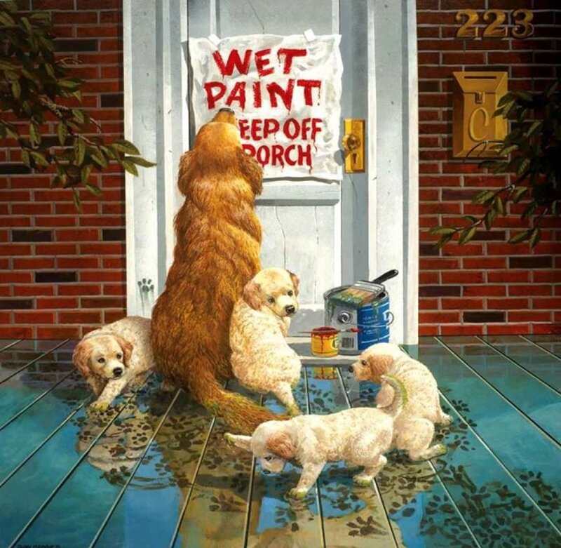 Golden Retriever Puppies — Brown, Playful, Afternoon, Illustration