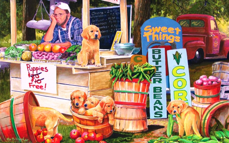 Golden Retriever Puppies — Green, Cheerful