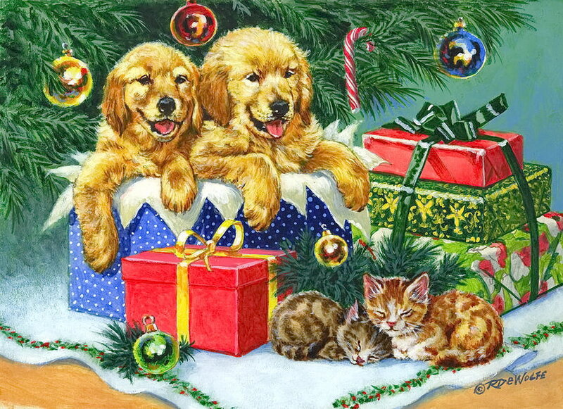 Golden Retriever Puppies — Green, Festive, Winter
