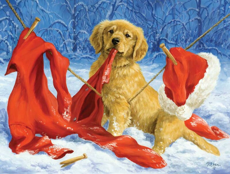 Golden Retriever Puppy — Red, Festive, Winter, Painting