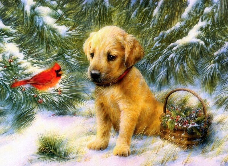 Golden Retriever Puppy — Yellow, Peaceful, Winter, Illustration