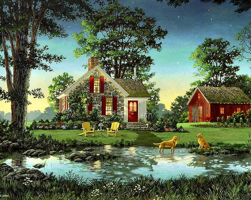 Golden Retrievers in Pond — Green, Serene, Night