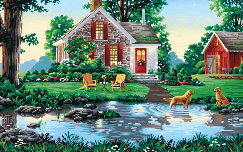 Golden Retrievers in Pond — Green, Serene