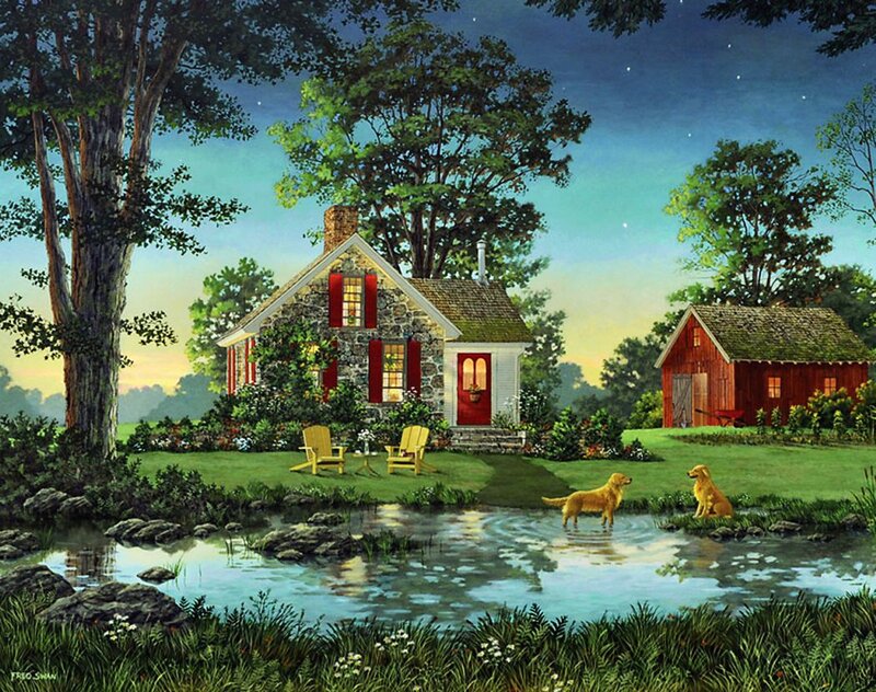 Golden Retrievers in Pond — Green