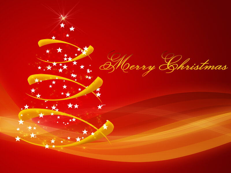 Golden Ribbon Christmas Tree — Red, Festive, Winter, Digital Art