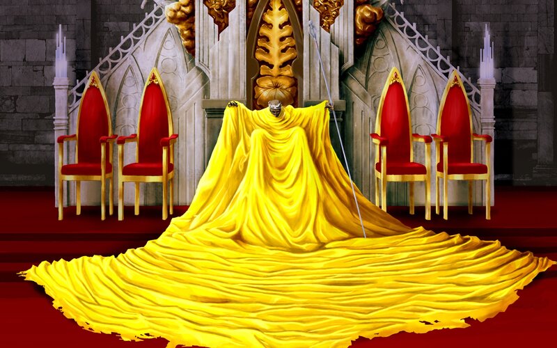 golden-robed figure in throne room