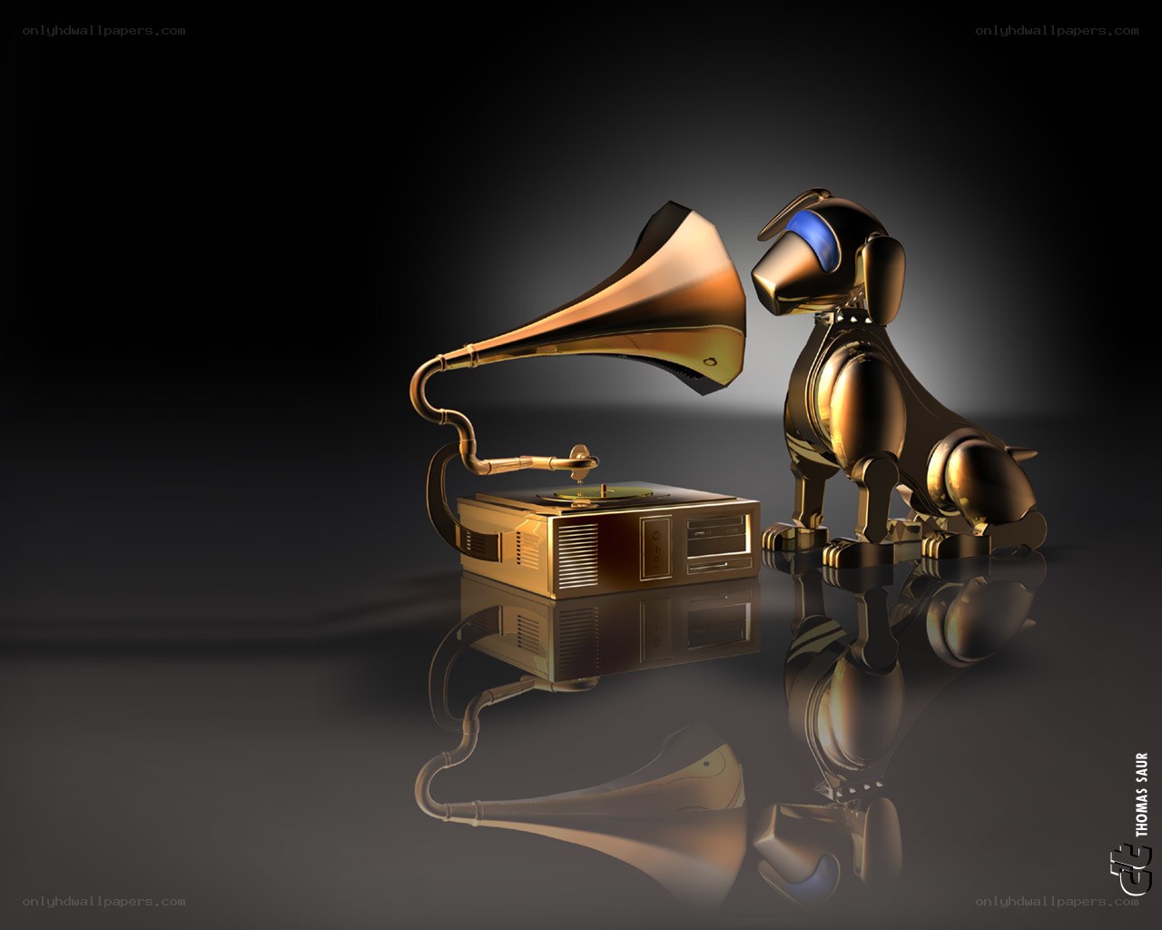 Golden robot dog with gramophone