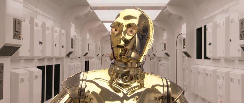Golden Robot Droid — Gold, Neutral, Photograph, Corridor, Panels