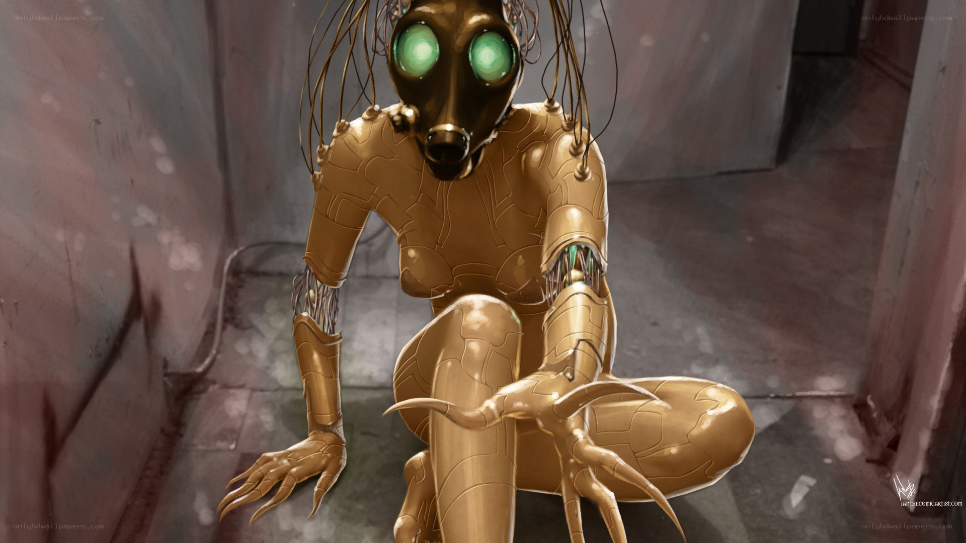 golden robotic creature in corridor