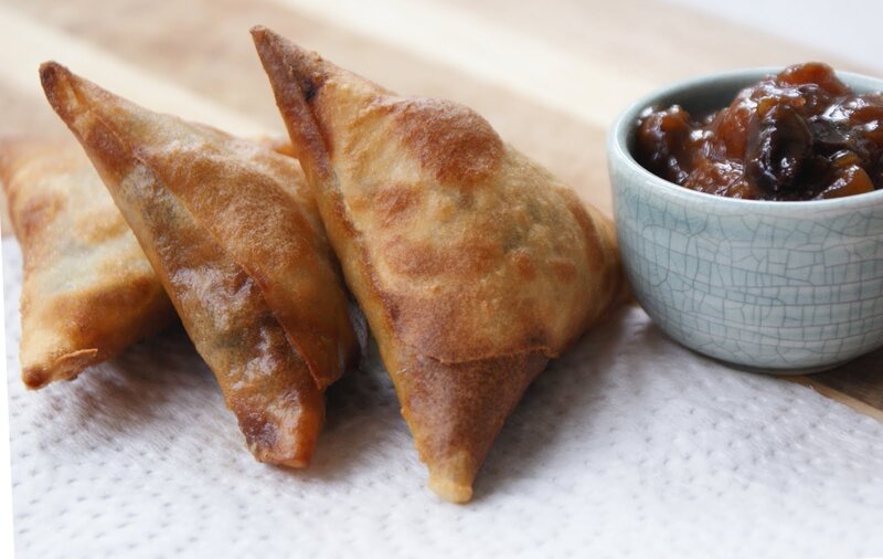 Golden Samosas with Chutney — Brown