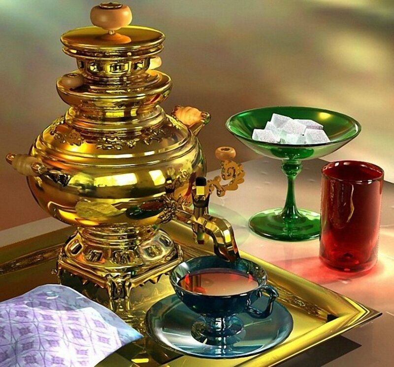 Golden Samovar with Tea Set