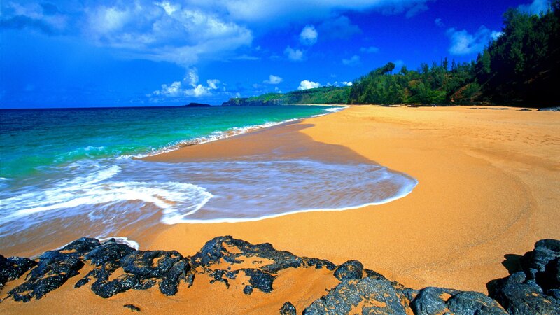 Golden Sand Beach — Blue, Serene, Afternoon, Photograph, Ocean, Rocks