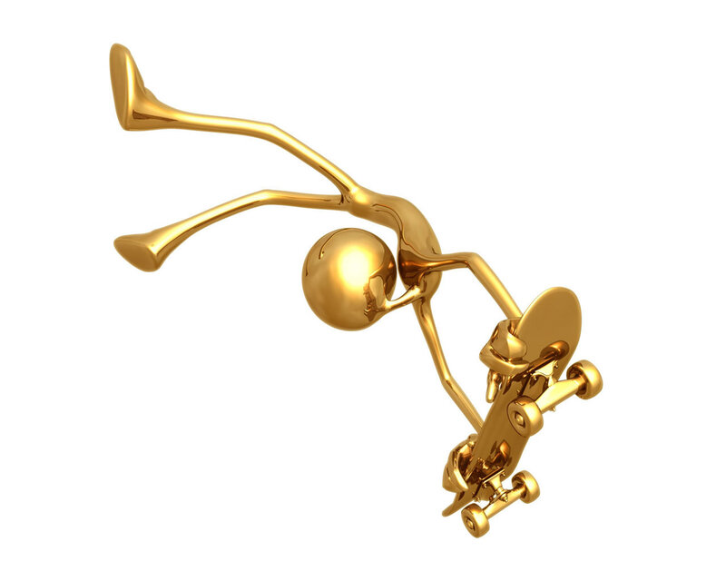 golden skateboarder sculpture