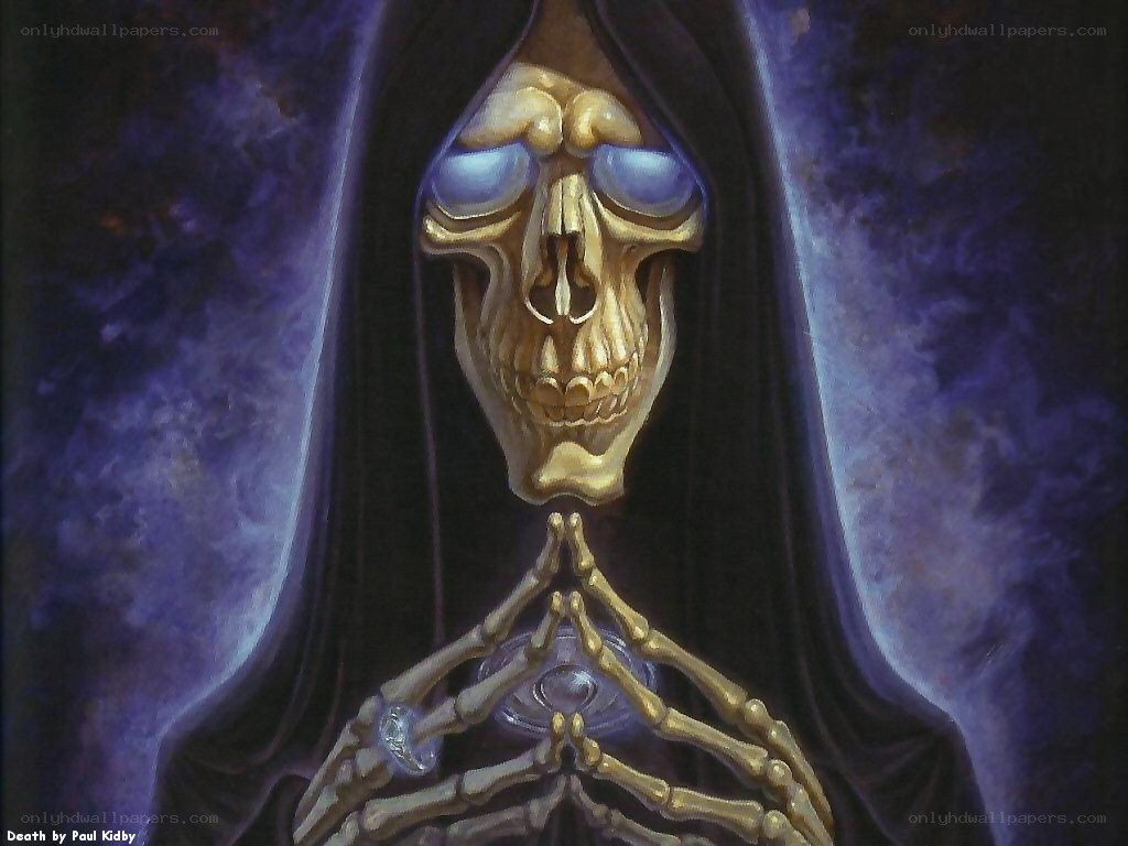 Golden skeleton in dark cloak