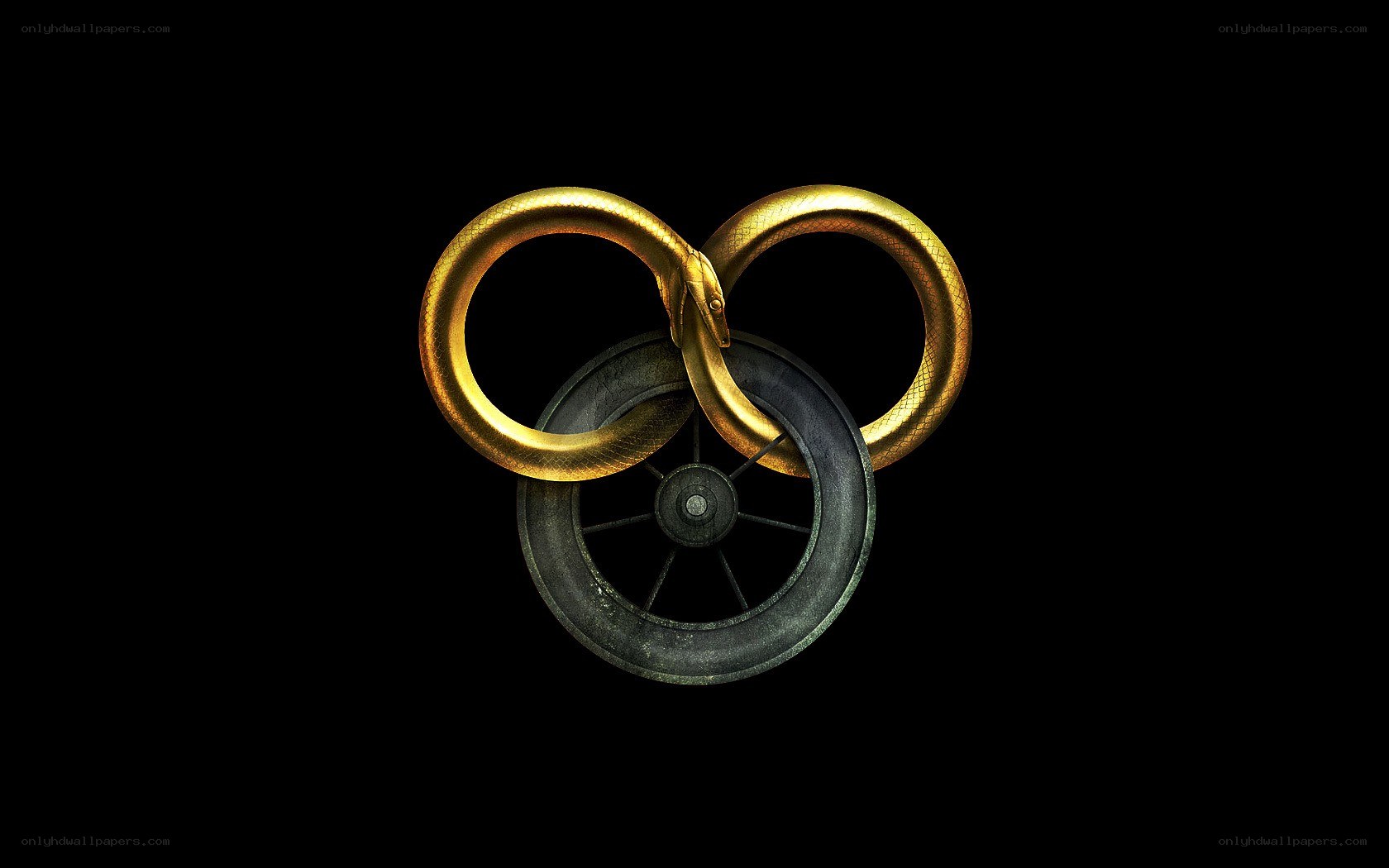 golden snake entwined with wheel