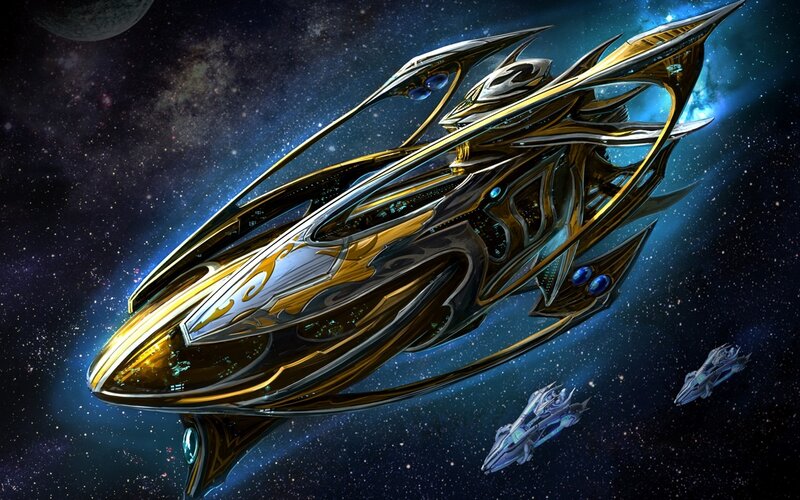 Golden Spaceship in Space — Gold, Dramatic, Night, Digital Art, Stars