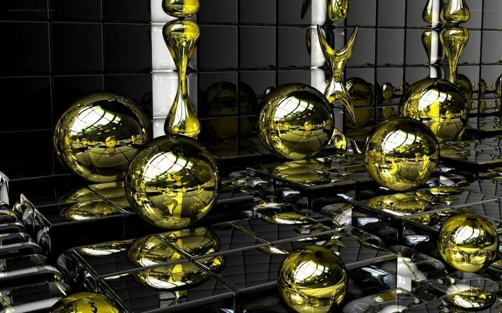 Golden spheres on black tiles