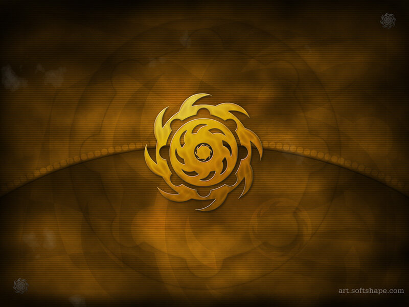 Golden spiral emblem on brown background