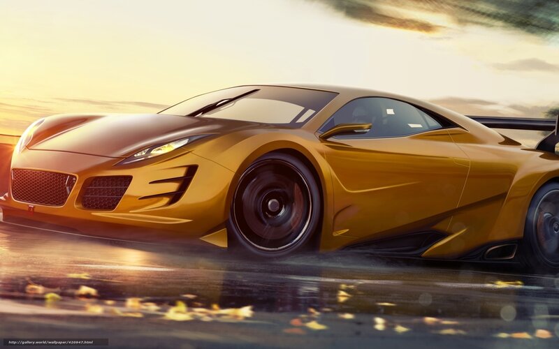 Golden sports car at sunset