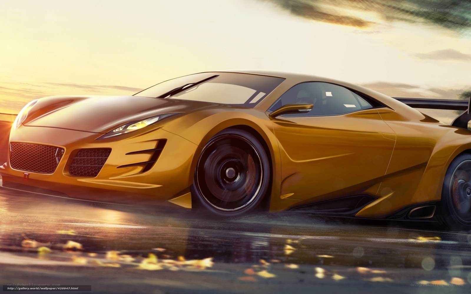 Golden sports car at sunset