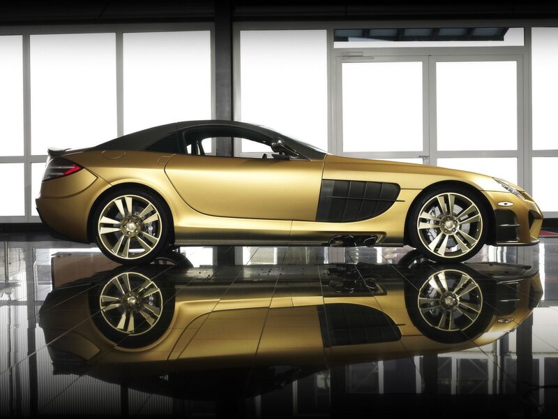 golden sports car in showroom