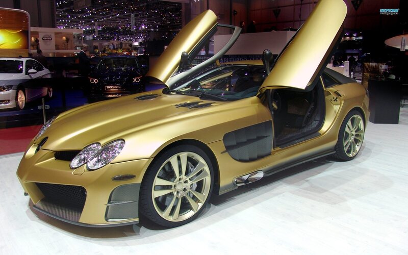 golden sports car on display