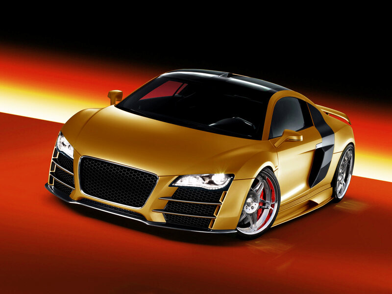 golden sports car on red background