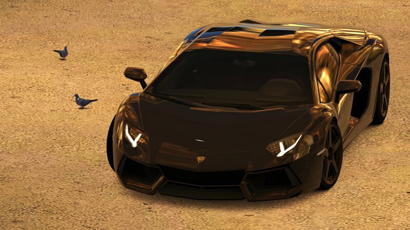 golden sports car on sand