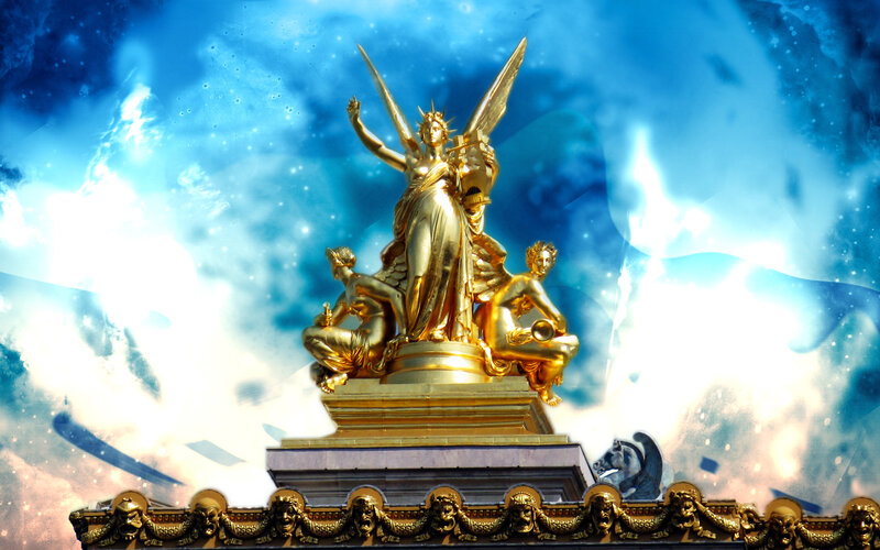 Golden statue against a cosmic sky