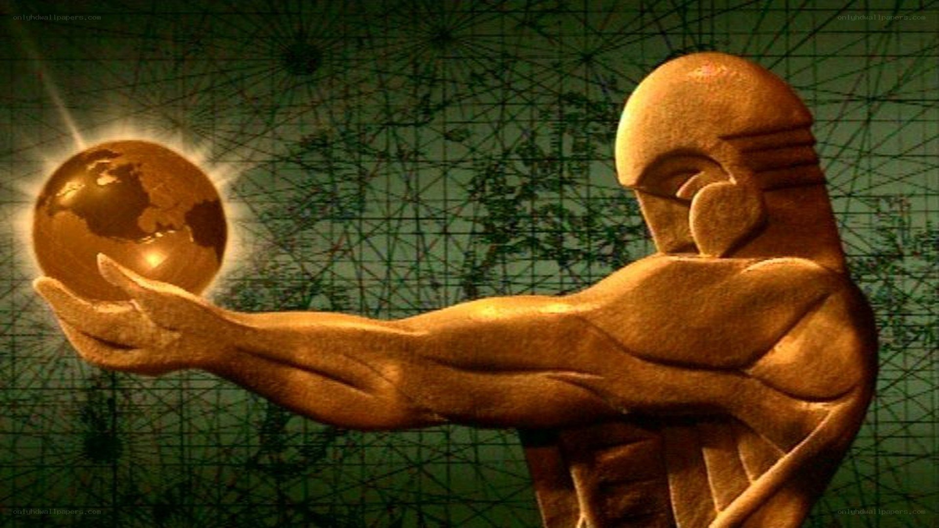 golden statue holding globe