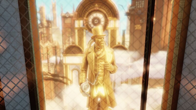 golden statue in steampunk city