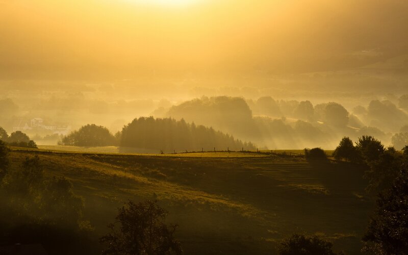 Golden sunrise over misty hills