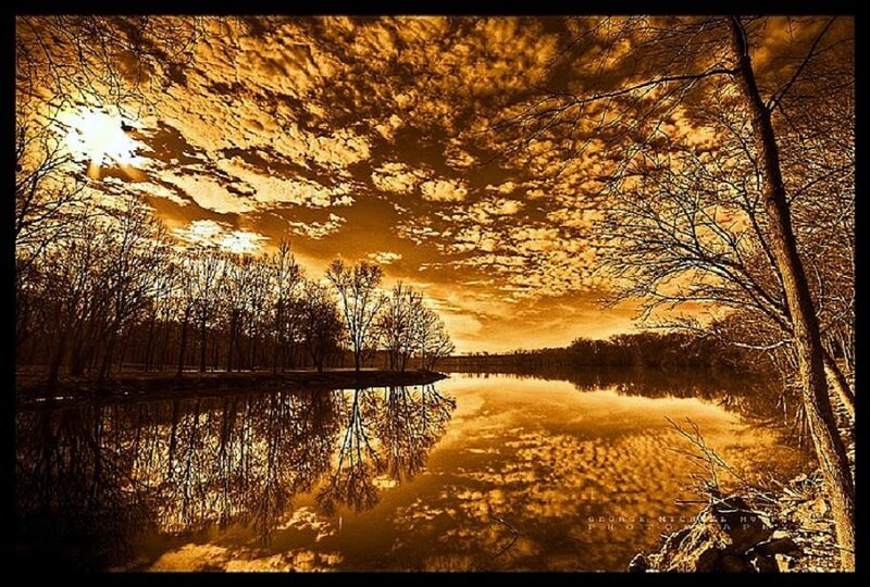 Golden sunset over a calm lake