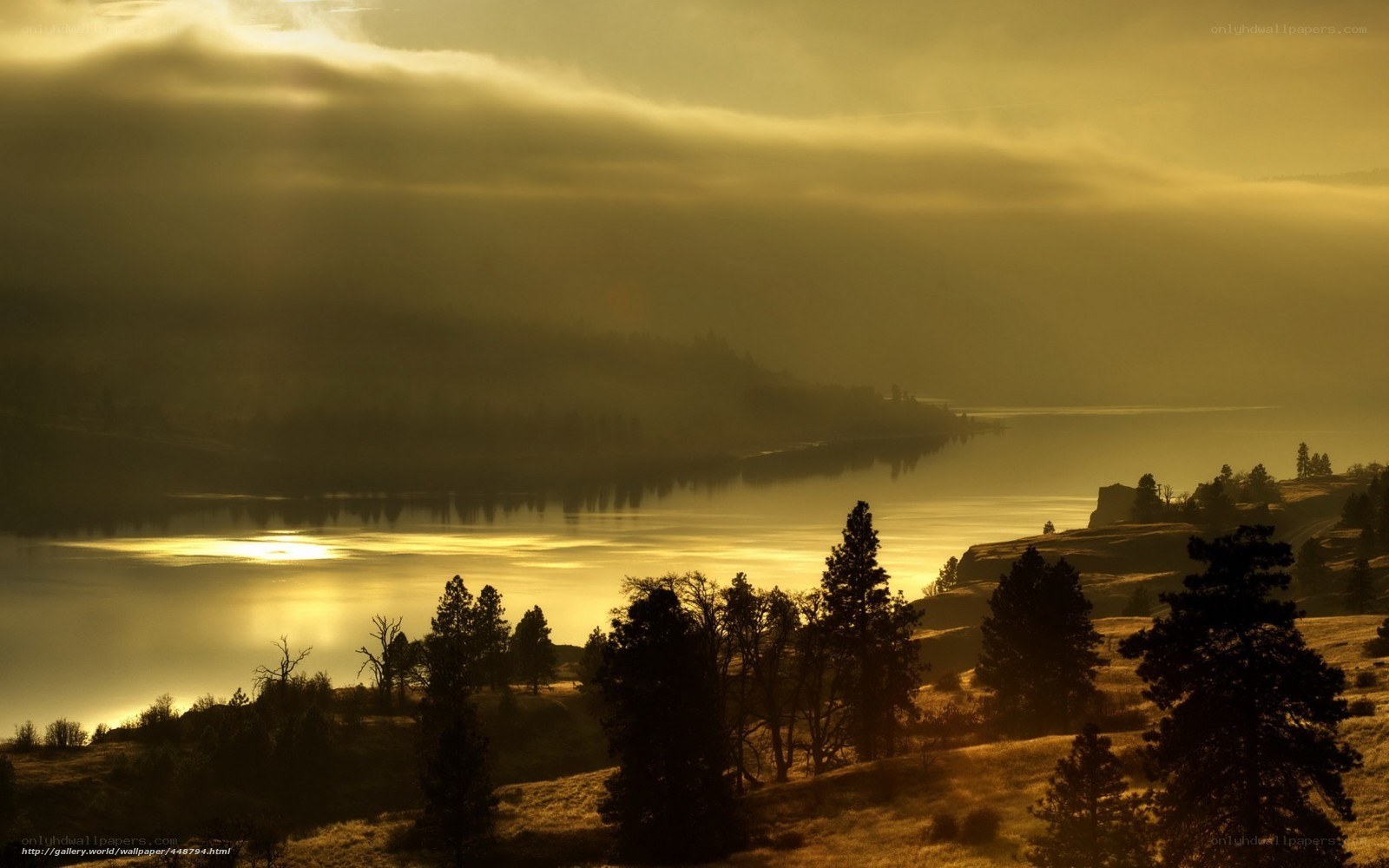 Golden sunset over a misty lake